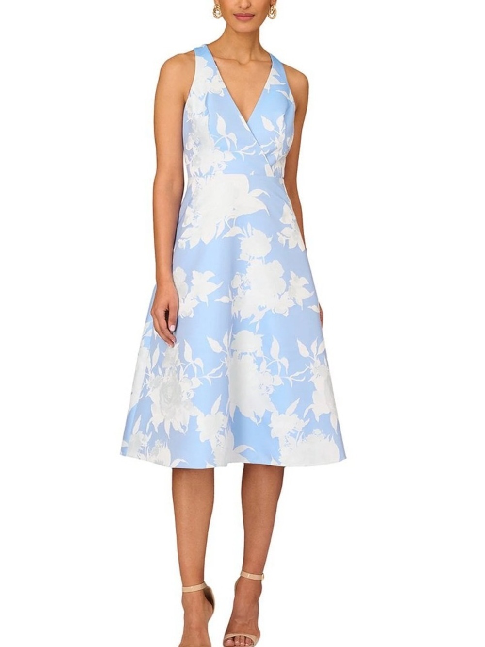 Aidan Mattox Sleeveless Floral Bodice Jaquard Midi Dress in Cool Cloud NWT Sz 4